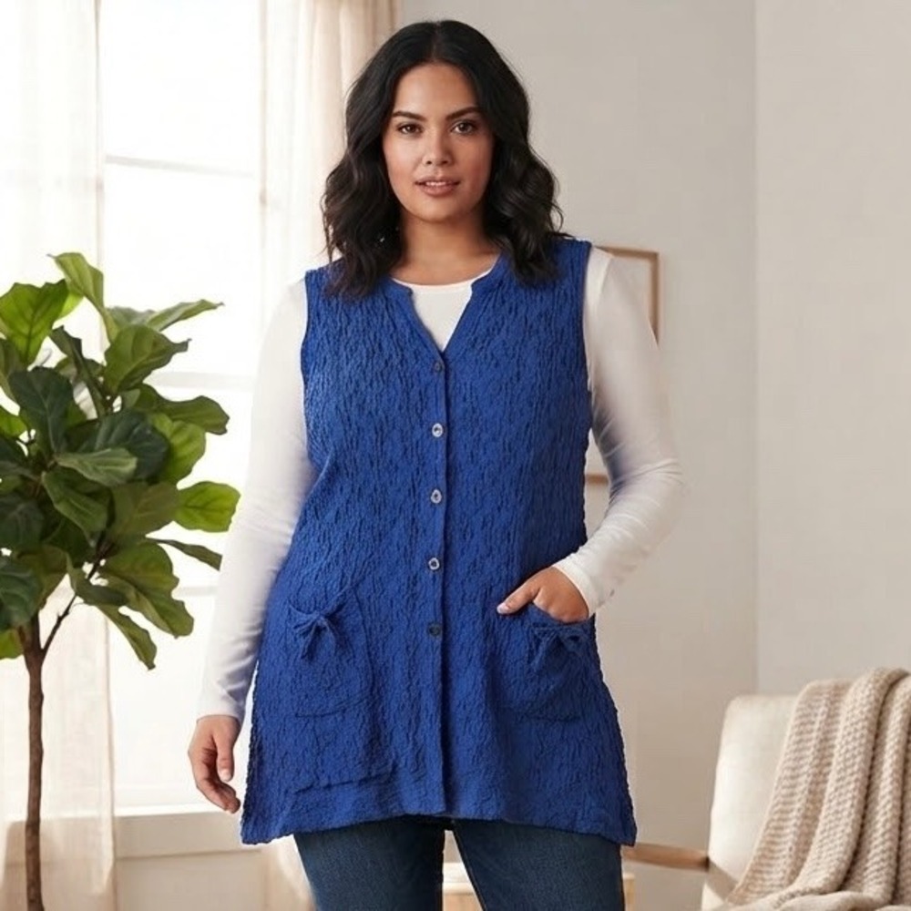 Habitat Royal Blue Crinkle Texture Button Front Tunic Vest Sleeveless Large